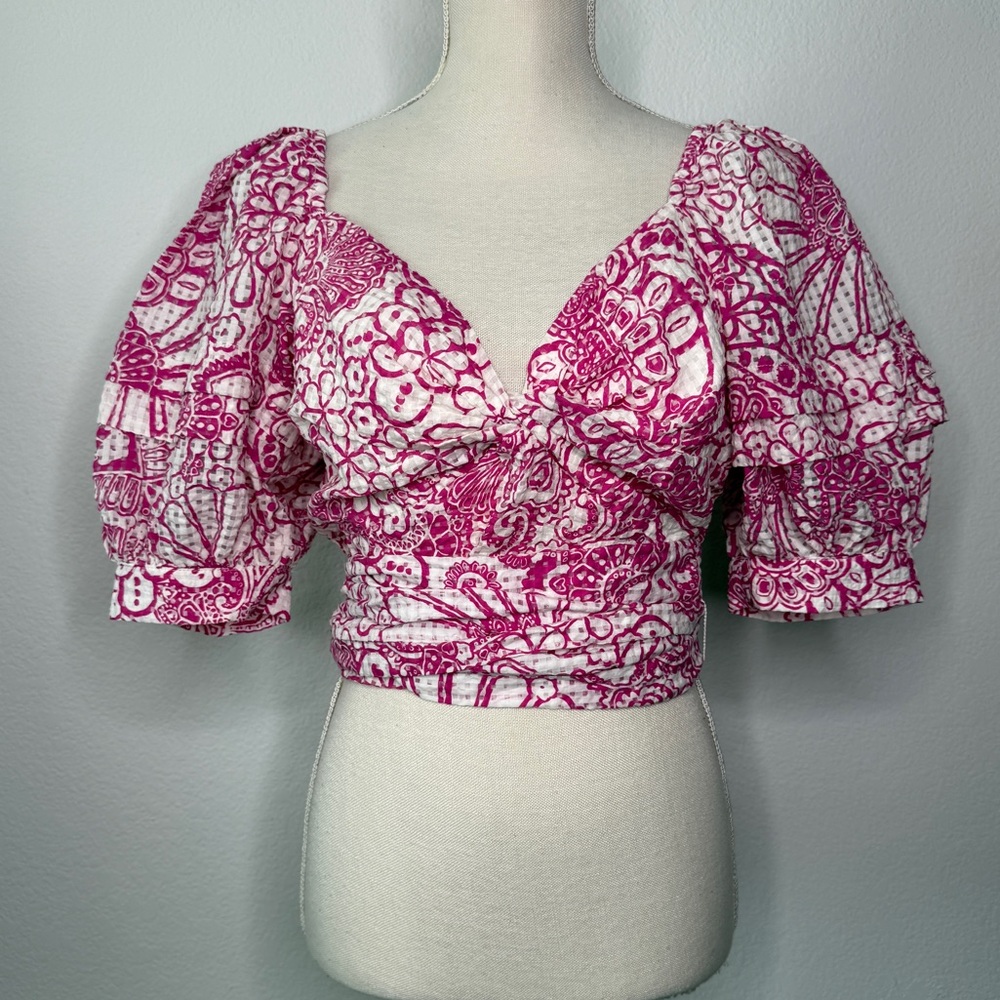 Maeve Anthropologie Pink Floral Puff Sleeve Smocked Tie Waist Top Size M